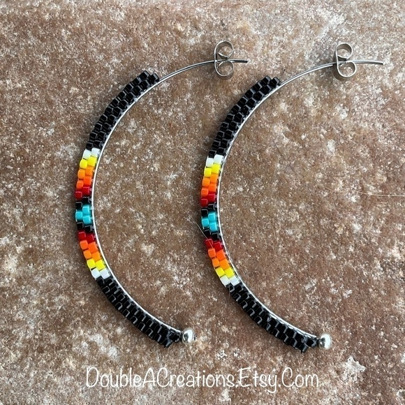 Black with Native Colors Bead Half Hoops, New, Handmade By Me - Picture 2 of 11